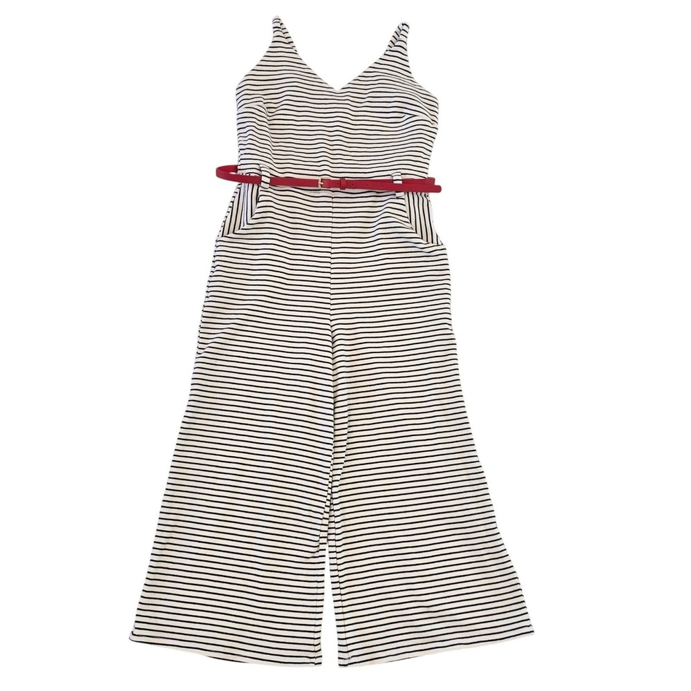 Monteau Los Angeles Striped Wide Leg Jumpsuit Red Belt Size‎ M